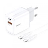 Incarcator Retea Cu Cablu USB-C BWOO CDA182, 38W, 3A, 1 x USB-A - 1 x USB-C, Alb