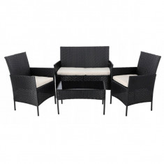 Set Mobilier de Gradina cu Efect Ratan GardenLine - Masa + Banca + 2 Scaune - Negru + Crem foto