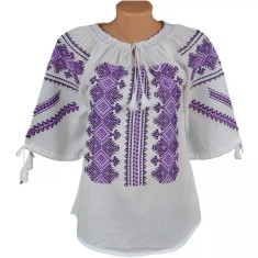 Bluza Tip Ie Traditionala Alba cu Motiv Geometric Mov de Dama - IMS43