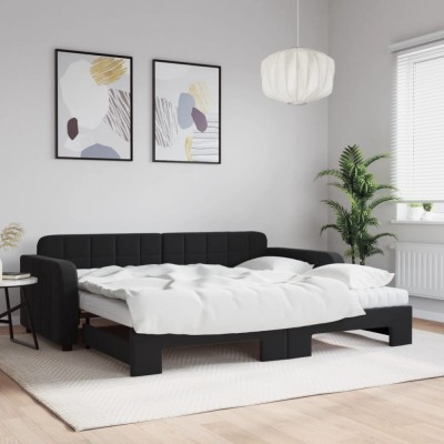 vidaXL Pat de zi cu extensie și saltea, negru, 90x200 cm, catifea foto