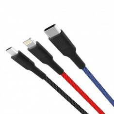 Cablu de date, XO-NB54, 3in1 (8-pin/micro/type-C) 3A, 1,2 m, Multicolor, Blister