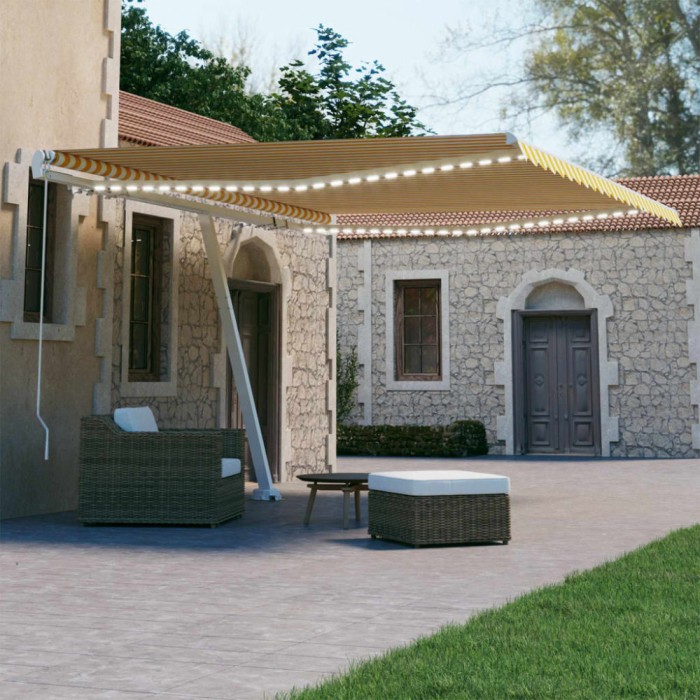 vidaXL Copertină retractabilă manual cu LED, galben și alb, 450x300 cm 3069563