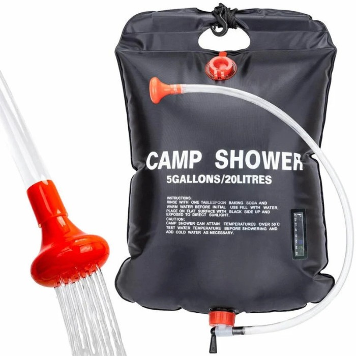 Sac de dus solar 20L, portabil, cu furtun detasabil, cap de dus comutabil, PVC, 60x40cm