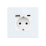 Priza Luxion LXD-MP010UG-W simpla schuko + USB A + USB C, rama din sticla inclusa, incastrata, alba