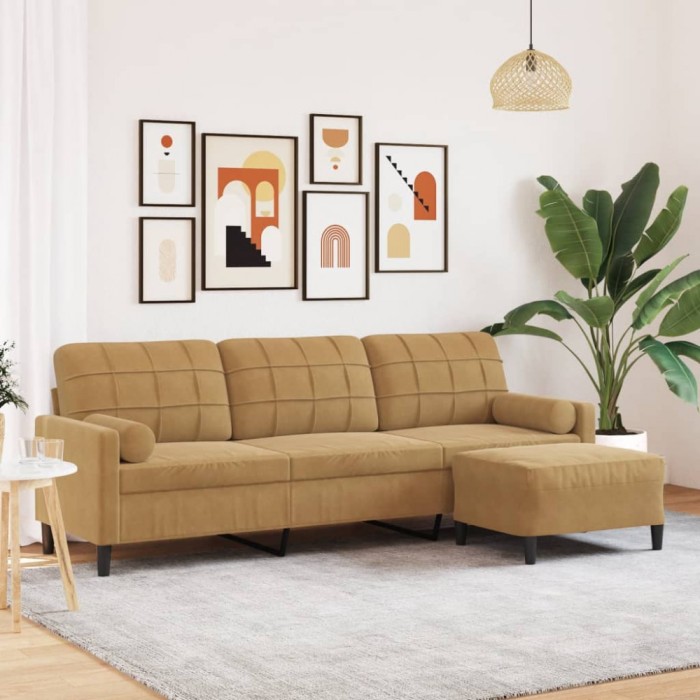 vidaXL Canapea cu 3 locuri și taburet, maro, 210 cm, catifea 3278284
