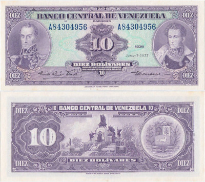 1977 (7 VI), 10 Bol&amp;iacute;vares (P-51f) - Venezuela - stare UNC foto