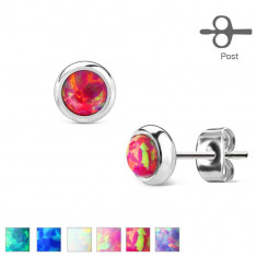 Cercei din oțel chirurgical - opal sintetic în montură, diferite culori, 6 mm - Culoare: Roz