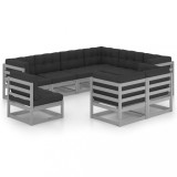 vidaXL Set mobilier grădină cu perne, 9 piese, gri, lemn masiv de pin 3076856