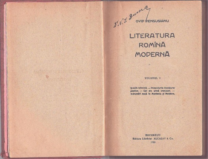 1138SPN Literatura rom&icirc;nă modernă, volumul I, de Ovid Densusianu, ediția I, 1920