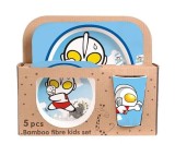 Set masa copii din fibre de bambus, 5 piese, Eco-friendly, Material biodegradabil, Design vesel, Farfurie compartimentata, Bol, Cana si Tacamuri