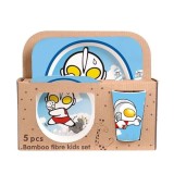 Set masa copii din fibre de bambus, 5 piese, Eco-friendly, Material biodegradabil, Design vesel, Farfurie compartimentata, Bol, Cana si Tacamuri