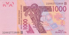 Bancnota Statele Africii de Vest 1.000 Franci 2022 - P215B UNC ( Benin - vezi descriere ) foto