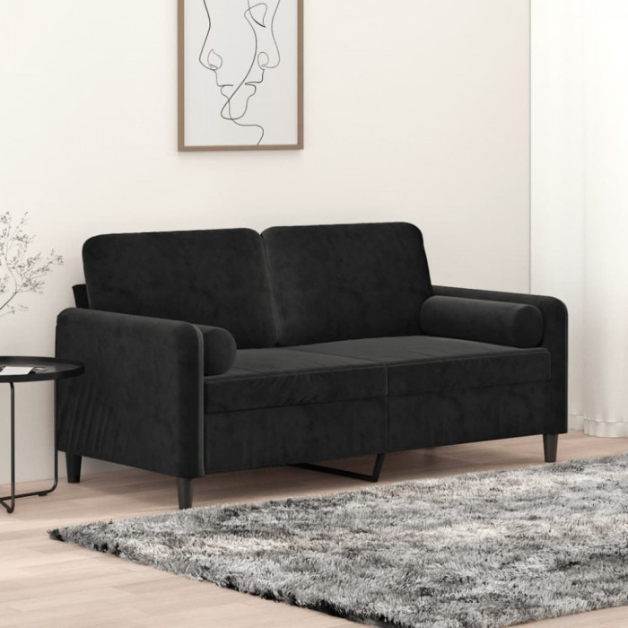 Canapea cu 2 locuri cu pernute, negru, 140 cm, catifea GartenMobel Dekor