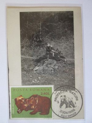Rară! Carte poștală Ungaria circa 1898:Vanatoare de ursi,maxima Romania 1986 foto