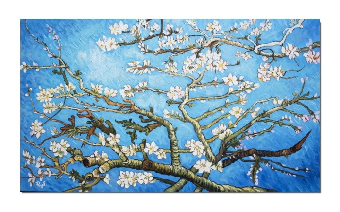 Tablou celebru pictat manual living, Migdal inflorit, 120x70cm ulei pe panza, reproducere Vincent van Gogh