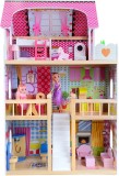 Casuta din lemn pentru papusi, 3 etaje, 17 piese diferite de mobilier, 2 papusi, 5 camere, 90 cm