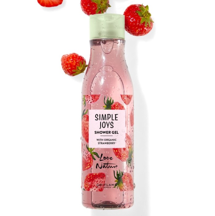 Gel de duș cu căpșuni organice Love Nature Simple Joys, 250 ml (Oriflame)