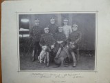 Fotografie pe carton, Voluntarii Corpului Magheru la Campina in 1896 in bivuac, Lt. Odobescu, Lt. Florascu, Slt. Manu, Slt. Campineanu