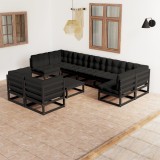 vidaXL Set mobilier grădină cu perne, 10 piese, negru, lemn masiv pin 3077263