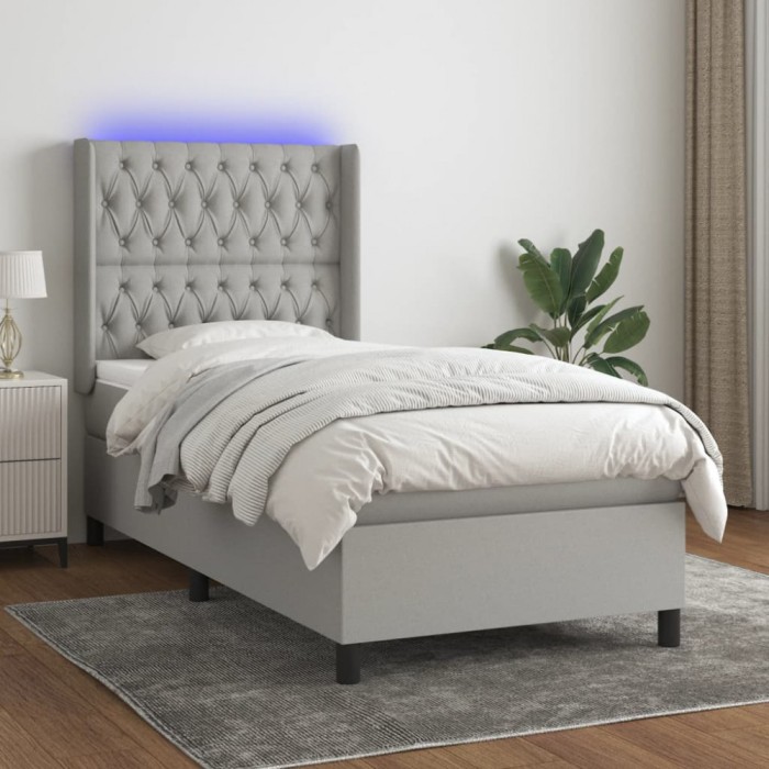 vidaXL Pat cu arcuri, saltea și LED, gri deschis, 90x190 cm, textil 3138517