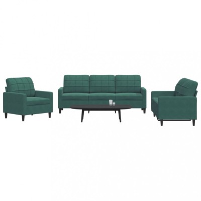 vidaXL Set de canapele cu perne, 3 piese, verde &amp;icirc;nchis, catifea 3278353 foto