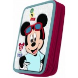 Penar echipat Mickey Mouse cu 2 fermoare, 31 piese: creioane colorate, pixuri, radiera, rigla, ascutitoare, blocnotes, orar