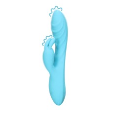 Vibrator rabbit LOVELINE Ribbed Ultra Soft Silicone Rabbit Vibrator, pentru clitoris și punctul G, 10 funcții de vibrație, albastru