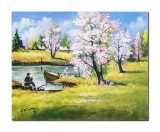 Tablou pesaj de primavara si pescar pictat manual, 50x40cm ulei pe panza, Constantin Feraru