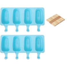 Set 102 piese, 2 matrite pentru inghetata si 100 betisoare din lemn Aixmeet, 26 x 14.5 x 2.5 cm, silicon, albastru, natur