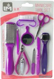 Set de accesorii pentru manichiură: oglindă, foarfece, rază, pilă, aparat de ras, mov