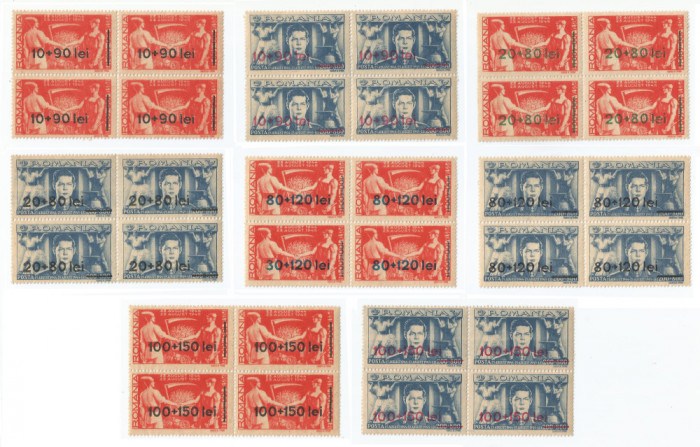 |Romania, LP 189/1946, Frontul Plugarilor (supratipar), blocuri de 4 timbre, MNH