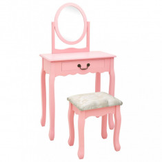 Masa toaleta cu taburet, roz, 65x36x128 cm, lemn paulownia, MDF foto