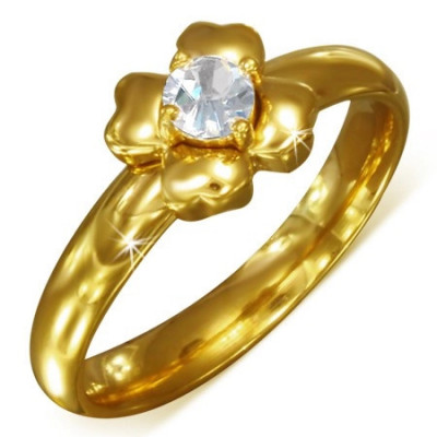 Inel auriu din oțel chirurgical cu un zirconiu transparent - floare - Marime inel: 52 foto