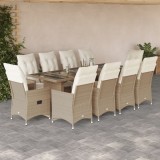 vidaXL Set bistro de grădină, 11 piese, cu perne, bej, poliratan