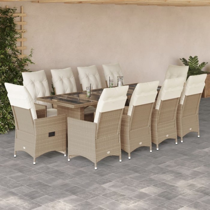 vidaXL Set bistro de grădină, 11 piese, cu perne, bej, poliratan 3277266