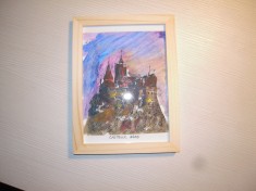 Mic tablou cu o pictura a castelului Bran in acuarela, dimensiune 12x15 cm.