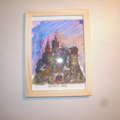 Mic tablou cu o pictura a castelului Bran in acuarela, dimensiune 12x15 cm.