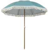 Outsunny Umbrelă de plajă m&acirc;ner efect lemn &Oslash; 1,7 m, umbrelă mare cu ciucuri &icirc;nălțime reglabilă, UPF50+ sac de transport, bleu deschis | Aosom Romania