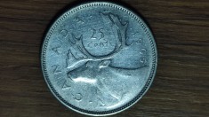 Canada - moneda de colectie argint - 25 cents 1965 - foarte frumoasa - serie bianuala mai rara, doar anii 1965 si 1966