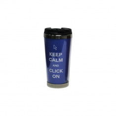 Pahar Cu Capac Inox/Plastic Keep calm and click on Albastru foto