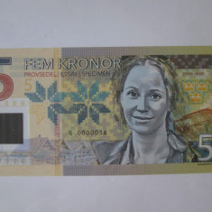 Suedia 5 Kronor 2017 UNC,bancnotă specimen emisiune privată ediție limitată