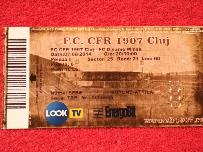 Bilet meci fotbal CFR 1907 CLUJ - DINAMO MINSK (Champions League 07.08.2014)