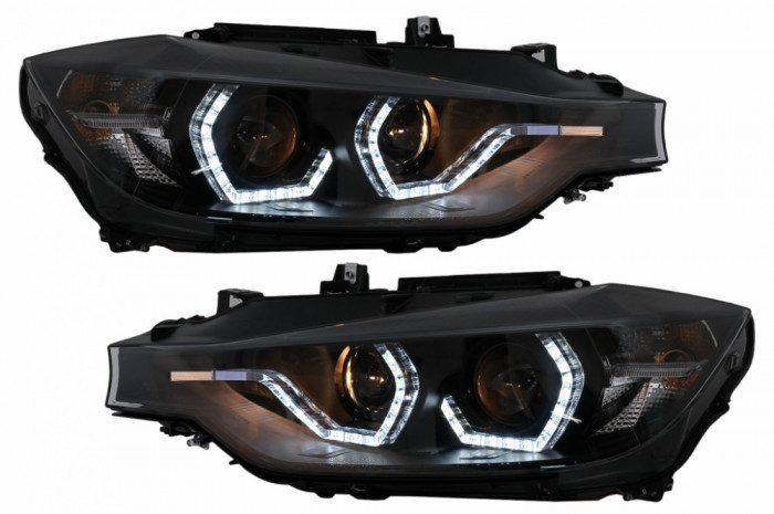 Faruri Angel Eyes LED DRL compatibil cu BMW Seria 3 F30 F31 Sedan Touring LCI (2015-2019) Negru HLBMF30M3LCI