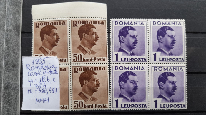 1935-Romania-Carol II-Posta-Bl4-2 buc.-MNH
