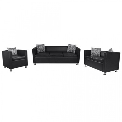 Set canapele 3 și 2 locuri și fotoliu, piele artificială, negru foto