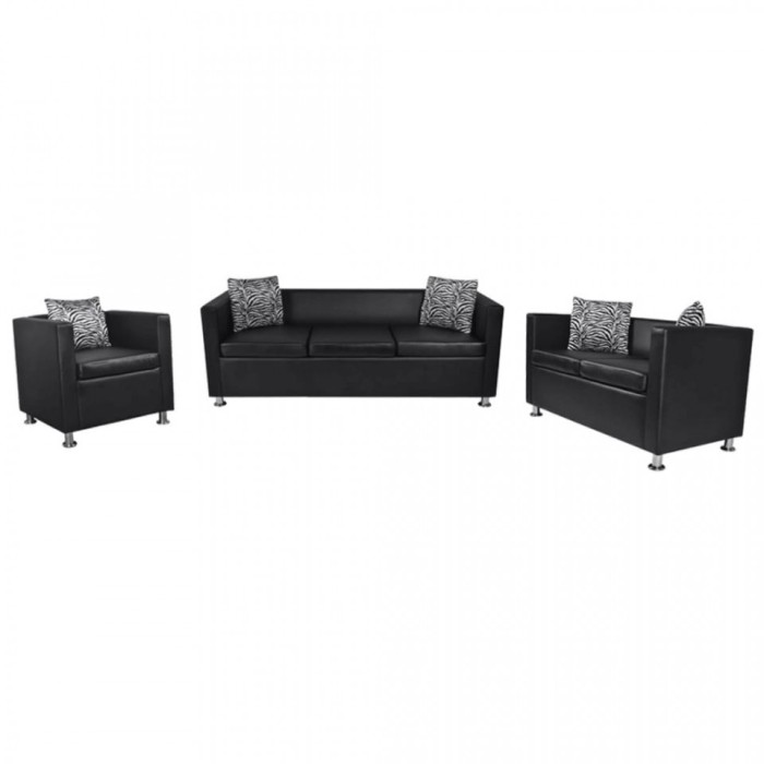 Set canapele 3 și 2 locuri și fotoliu, piele artificială, negru