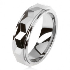 Inel din tungsten, argintiu, dungă convexă şlefuită geometric - Marime inel: 51
