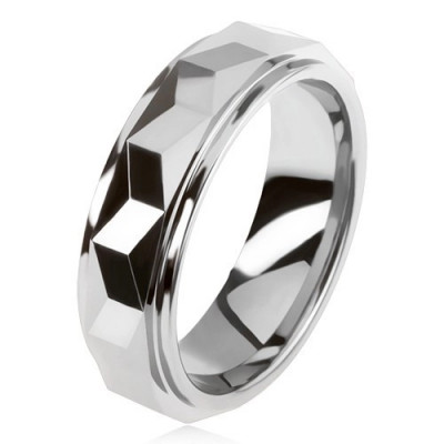 Inel din tungsten, argintiu, dungă convexă şlefuită geometric - Marime inel: 54 foto