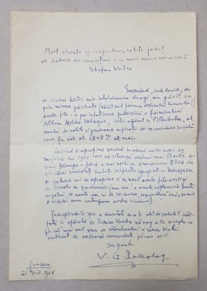 SCRISOARE OLOGRAFA CATRE STEFAN VOITEC , TRIMISA DE CRITICUL V.C. PALEOLOG 1891 - 1979 , 1968