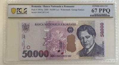 50000 lei 2000 PCGS67 UNC bancnota gradata foto